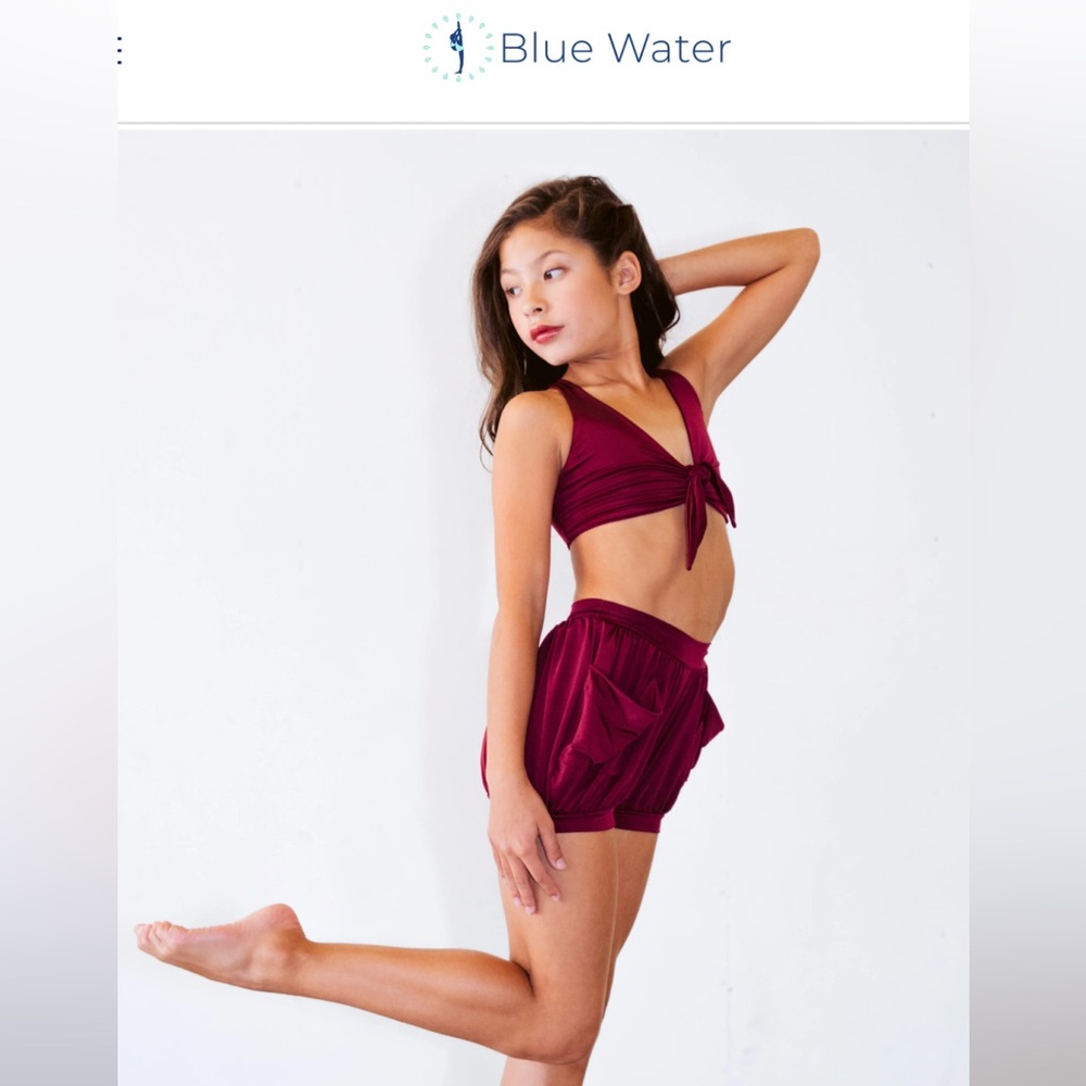 Blue Water Dancewear Burgundy Two-Piece Dance Set.